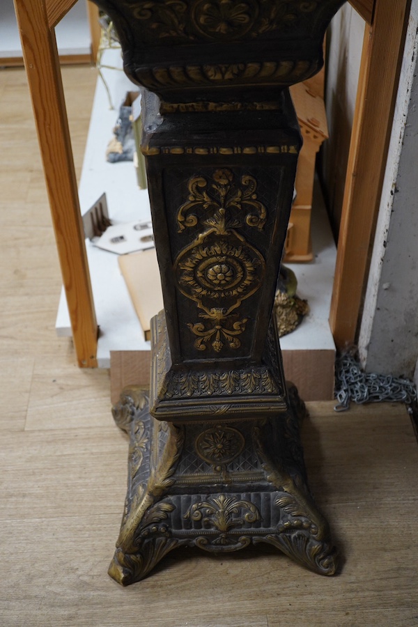 A large two colour bronze effect urn on pedestal, total height 134cm. Condition - fair to good